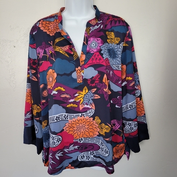 Natori Women's Large Long Sleeve Blouse V-neck Top Blue Purple Floral Print - Picture 1 of 9